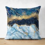 Çift Taraflı Altın Varaklı Mavi Zeminli Modern Süet Yastık Kırlent Kılıfı Realhomes