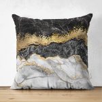 - Suet-K-3132 - Realhomes  Çift Taraflı Modern Siyah Beyaz Altın Mermer Motifli Dijital Baskılı Süet Yastık Kırlent Kılıfı Realhomes