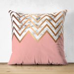 - Suet-K-3149 - Realhomes  Çift Taraflı Gold ve Pembe Renkli Mermer Desenli Modern Süet Yastık Kırlent Kılıfı Realhomes