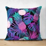 Çift Taraflı Lacivert Tropikal Desenli Dijital Baskılı Süet Yastık Kırlent Kılıfı Realhomes