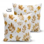 - Suet-K-3163-1 - Realhomes  Çift Taraflı Beyaz Zeminde Altın Yapraklar Desenli Dijital Baskılı Süet Yastık Kılıfı Realhomes