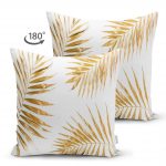 - Suet-K-3166-1 - Realhomes  Çift Taraflı Altın Renkli Palmiye Yaprakları Dijital Baskılı Süet Yastık Kırlent Kılıfı Realhomes