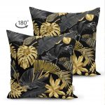 - Suet-K-3169-1 - Realhomes  Çift Taraflı Siyah Zeminde Altın Yapraklar Desenli Dekoratif Süet Yastık Kırlent Kılıfı Realhomes