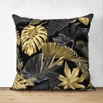 - Suet-K-3169 - Realhomes  Çift Taraflı Siyah Zeminde Altın Yapraklar Desenli Dekoratif Süet Yastık Kırlent Kılıfı Realhomes