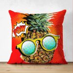 - Suet-K-3170 - Realhomes  Çift Taraflı Kırmızı Zemin Ananas Desenli Dekoratif Süet Yastık Kırlent Kılıfı Realhomes