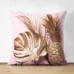 - Suet-K-3173 - Realhomes  Çift Taraflı 3D Yaprak ve Ananas Desenli Özel Tasarım Süet Yastık Kırlent Kılıfı Realhomes