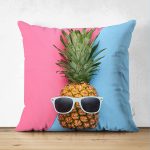 - Suet-K-3175 - Realhomes Çift Taraflı Mavi Pembe Ananas Desenli Modern Süet Yastık Kırlent Kılıfı Realhomes