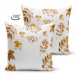 - Suet-K-3180-1 - Realhomes  Çift Taraflı 3D Altın Renkli Yapraklar Desenli Dekoratif Süet Yastık Kırlent Kılıfı Realhomes