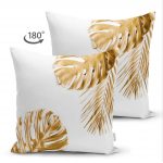 Çift Taraflı 3D Altın Renkli Palmiye Yaprakları Desenli Dekoratif Süet Yastık Kırlent Kılıfı Realhomes