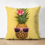 - Suet-K-3191 - Realhomes  Çift Taraflı Sarı Zeminli 3D Ananas Modern Tasarımlı Süet Yastık Kırlent Kılıfı Realhomes