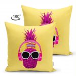 - Suet-K-3192-1 - Realhomes  Çift Taraflı Sarı Zeminde Pembe Ananas Modern Tasarımlı Süet Yastık Kırlent Kılıfı Realhomes