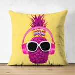 - Suet-K-3192 - Realhomes  Çift Taraflı Sarı Zeminde Pembe Ananas Modern Tasarımlı Süet Yastık Kırlent Kılıfı Realhomes