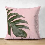 - Suet-K-3194 - Realhomes  Çift Taraflı Pembe Zeminde Yaprak Modern Tasarımlı Dekoratif Süet Yastık Kırlent Kılıfı Realhomes