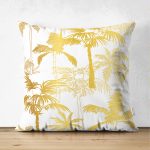 - Suet-K-3197 - Realhomes  Çift Taraflı Altın Renkte Palmiyeler Özel Tasarımlı Süet Yastık Kırlent Kılıfı Realhomes