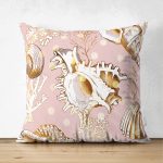 - Suet-K-3199 - Realhomes  Çift Taraflı Pembe Zeminde Deniz Kabukları Modern Süet Yastık Kırlent Kılıfı Realhomes