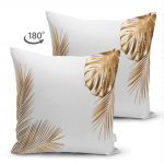 Çift Taraflı Altın Renkli 3D Palmiye Yaprakları Modern Süet Yastık Kırlent Kılıfı Realhomes