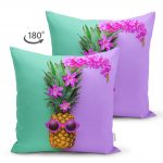 Çift Taraflı Yeşil ve Mor Ananas Temalı Özel Tasarım Süet Yastık Kırlent Kılıfı Realhomes