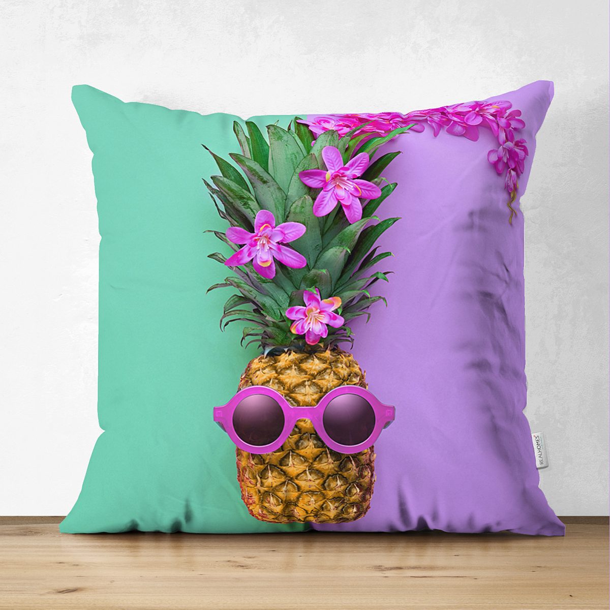 Çift Taraflı Yeşil ve Mor Ananas Temalı Özel Tasarım Süet Yastık Kırlent Kılıfı Realhomes