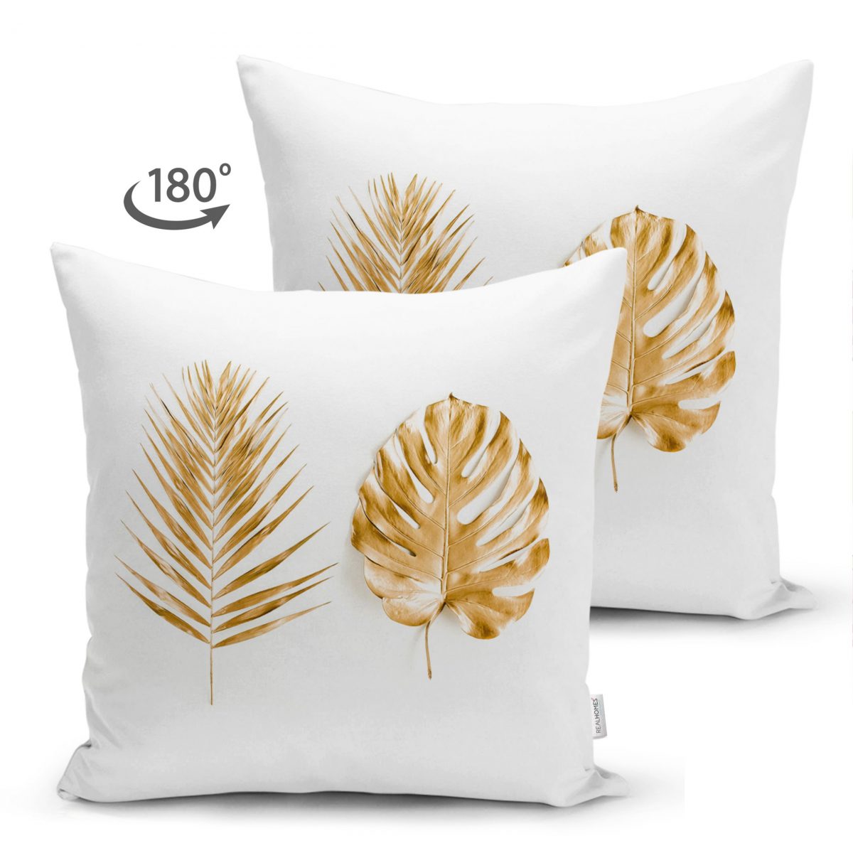 Çift Taraflı 3D Altın Görünümlü Palmiye Yaprakları Modern Süet Yastık Kırlent Kılıfı Realhomes