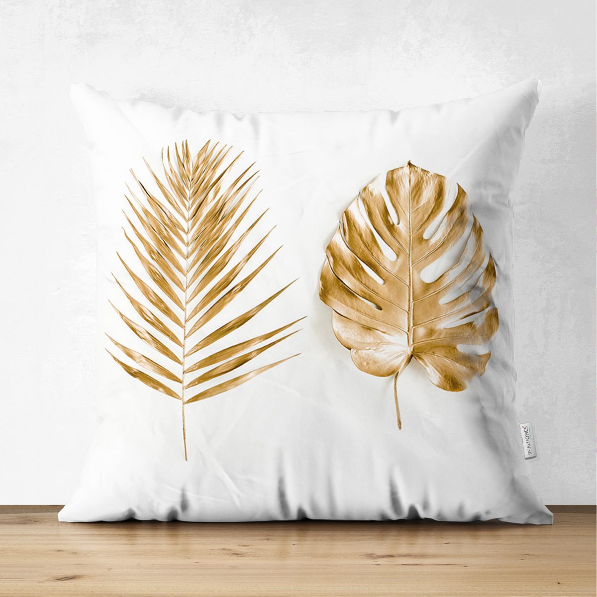Çift Taraflı 3D Altın Görünümlü Palmiye Yaprakları Modern Süet Yastık Kırlent Kılıfı Realhomes