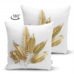 - Suet-K-3211-1 - Realhomes  Çift Taraflı 3D Altın Görünümlü Yapraklar Desenli Modern Süet Yastık Kırlent Kılıfı Realhomes