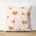 Çift Taraflı Damalı Pudra Renkli Altın Kalpler Özel Tasarım Süet Yastık Kırlent Kılıfı Realhomes