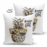- Suet-K-3220-1 - Realhomes  Çift Taraflı Beyaz Zeminde 3D Ananas Özel Tasarımlı Süet Yastık Kırlent Kılıfı Realhomes