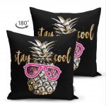 - Suet-K-3228-1 - Realhomes  Çift Taraflı Siyah Zeminde Cool Ananas Desenli Modern Süet Yastık Kırlent Kılıfı Realhomes