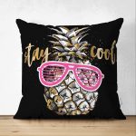 - Suet-K-3228 - Realhomes  Çift Taraflı Siyah Zeminde Cool Ananas Desenli Modern Süet Yastık Kırlent Kılıfı Realhomes