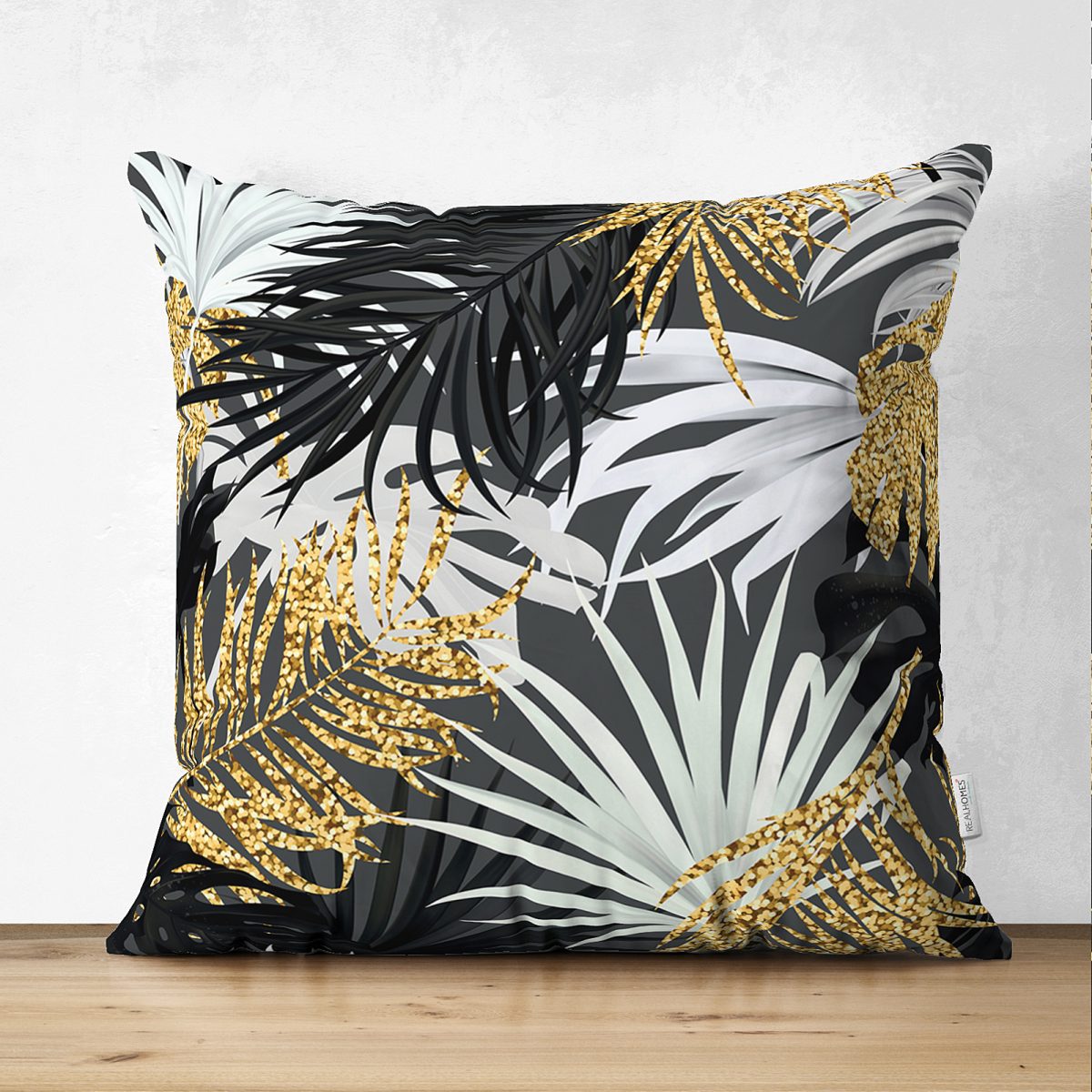 Çift Taraflı Siyah Zeminde Palmiye Yaprakları Özel Tasarım Süet Yastık Kırlent Kılıfı Realhomes