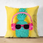 - Suet-K-3234 - Realhomes  Çift Taraflı Sarı Zeminli Ananas Detaylı Modern Süet Yastık Kırlent Kılıfı Realhomes