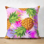- Suet-K-3236 - Realhomes  Çift Taraflı Pembe Zeminde Ananaslar Özel Tasarımlı Modern Süet Yastık Kırlent Kılıfı Realhomes