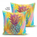 - Suet-K-3246-1 - Realhomes  Çift Taraflı Renkli Yaprak Zeminli Ananas Detaylı Modern Süet Yastık Kırlent Kılıfı Realhomes