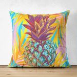 - Suet-K-3246 - Realhomes  Çift Taraflı Renkli Yaprak Zeminli Ananas Detaylı Modern Süet Yastık Kırlent Kılıfı Realhomes