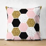 - Suet-K-3247 - Realhomes  Çift Taraflı Geometrik Petek Desenli Altın Detaylı Modern Süet Yastık Kırlent Kılıfı Realhomes