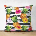 - Suet-K-3253 - Realhomes Siyah Zeminli Renkli Ananaslar Çift Taraflı Özel Tasarım Süet Yastık Kırlent Kılıfı Realhomes