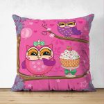 - Suet-K-3258 - Realhomes  Çocuk Odası Pembe Baykuş Tasarımlı Çift Taraflı Süet Yastık Kırlent Kılıfı Realhomes