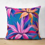 - Suet-K-3262 - Realhomes  Mavi Zeminli Yapraklar Çift Taraflı Özel Tasarımlı Süet Yastık Kırlent Kılıfı Realhomes