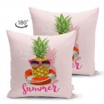 - Suet-K-3263-1 - Realhomes Pembe Zeminli Summer Ananas Desenli Çift Taraflı Süet Yastık Kırlent Kılıfı Realhomes