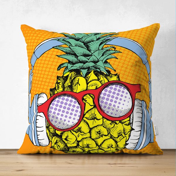 - Suet-K-3271 - Realhomes  Mavi Zeminli Tropikal Ananas Tasarımlı Çift Taraflı Süet Yastık Kırlent Kılıfı Realhomes