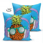 - Suet-K-3272-1 - Realhomes  Mavi Zeminli Tropikal Ananas Tasarımlı Çift Taraflı Süet Yastık Kırlent Kılıfı Realhomes