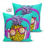 - Suet-K-3273-1 - Realhomes Mavi Zeminde Ananas Desenli Çift Taraflı Dijital Baskılı Süet Yastık Kırlent Kılıfı Realhomes