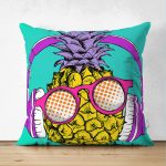 - Suet-K-3273 - Realhomes Mavi Zeminde Ananas Desenli Çift Taraflı Dijital Baskılı Süet Yastık Kırlent Kılıfı Realhomes