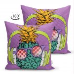 - Suet-K-3274-1 - Realhomes Mor Zeminde Tropikal Ananas Desenli Çift Taraflı Dijital Baskılı Süet Kırlent Kılıfı Realhomes