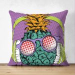 - Suet-K-3274 - Realhomes Mor Zeminde Tropikal Ananas Desenli Çift Taraflı Dijital Baskılı Süet Kırlent Kılıfı Realhomes