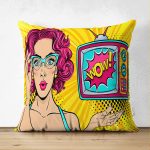 - Suet-K-3275 - Realhomes  Pop Art Wow Desenli Çift Taraflı Özel Tasarım Çift Taraflı Dekoratif Süet Yastık Kırlent Kılıfı Realhomes