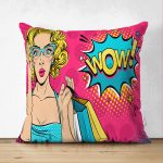 - Suet-K-3278 - Realhomes  Pempe Pop Art Wow Tasarımlı Çift Taraflı Dekoratif Süet Yastık Kırlent Kılıfı Realhomes