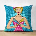- Suet-K-3284 - Realhomes Mavi Zemini Popart Girl Desenli Çift Taraflı Dekoratif Süet Yastık Kırlent Kılıfı Realhomes