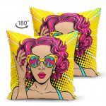 - Suet-K-3285-1 - Realhomes Sarı Zeminli Pop Art Girl Desenli Çift Taraflı Dekoratif Süet Yastık Kırlent Kılıfı Realhomes