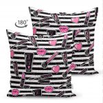 - Suet-K-3286-1 - Realhomes  Siyah Çizgili Popart Makeup Desenli Çift Taraflı Dekoratif Süet Yastık Kırlent Kılıfı Realhomes